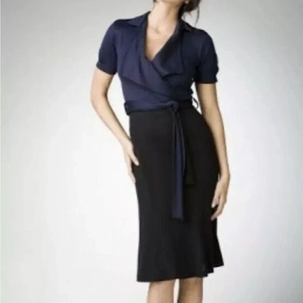 DIANE VON FURSTENBURG Hane Faux Wrap Blue Black Dress